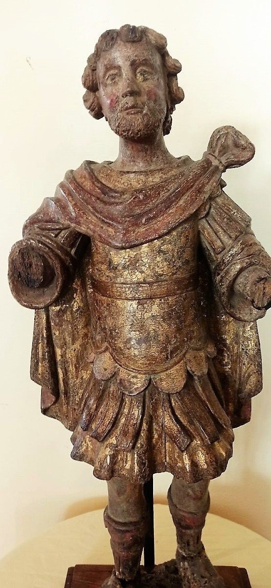 Sculpture Représentant Saint  - Bois Polychrome Et Doré - Italie XVIe Siècle-photo-3