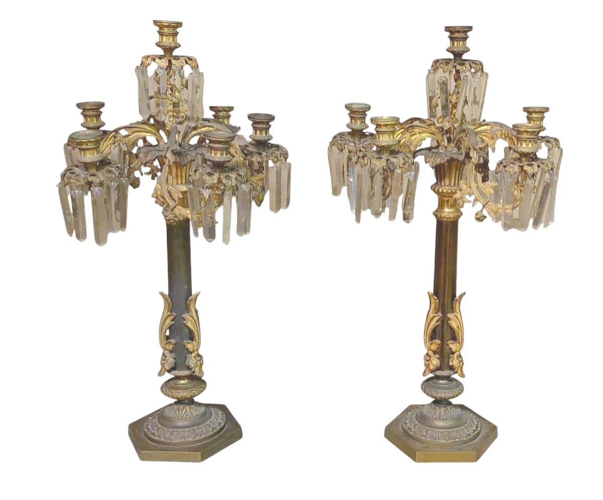 Pair Of Important Large Six-light Candlesticks In Chiselled Bronze -photo-2