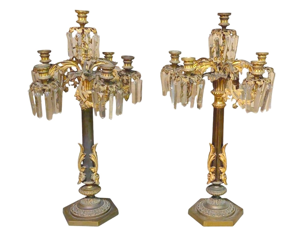 Pair Of Important Large Six-light Candlesticks In Chiselled Bronze -photo-2
