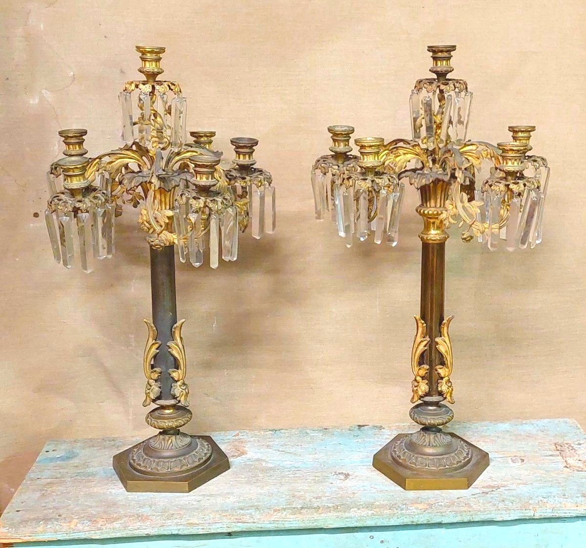 Pair Of Important Large Six-light Candlesticks In Chiselled Bronze 