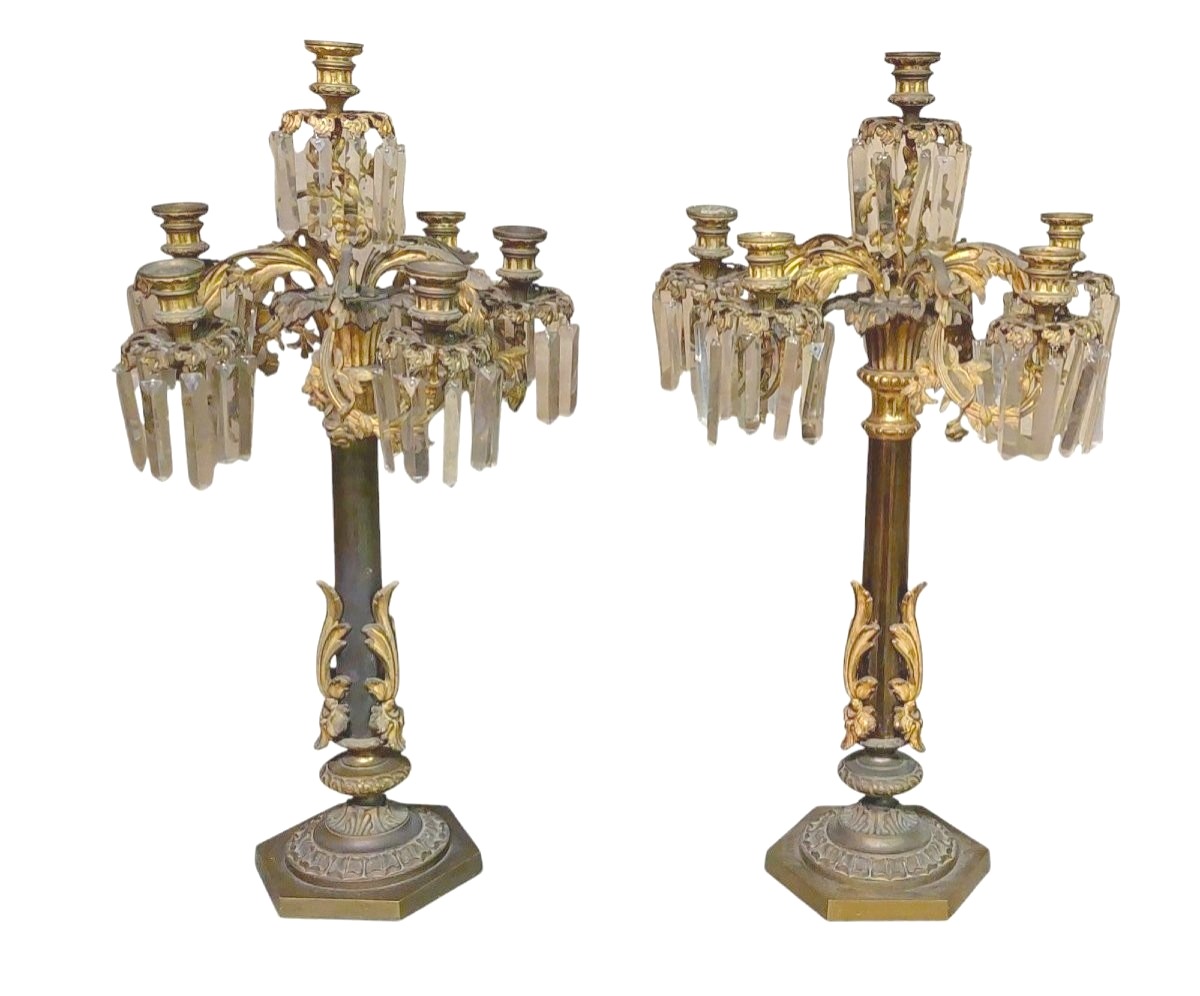 Pair Of Important Large Six-light Candlesticks In Chiselled Bronze -photo-2