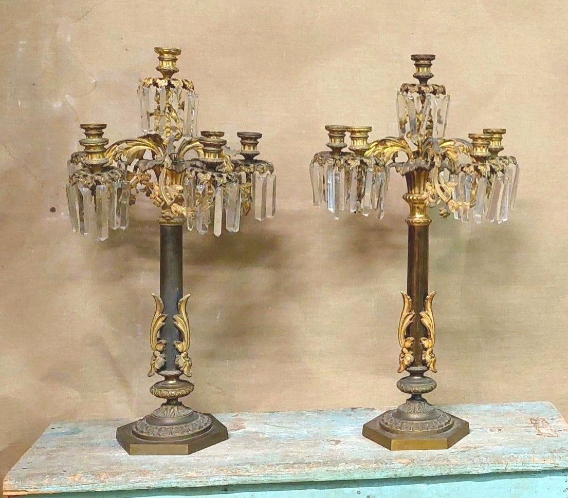 Pair Of Important Large Six-light Candlesticks In Chiselled Bronze 