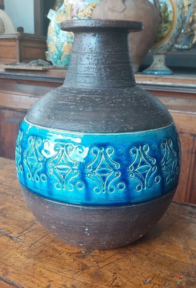 Aldo Londi For Bitossi. Rimini-blue Glazed Vase, Vintage Ceramic Design-photo-4