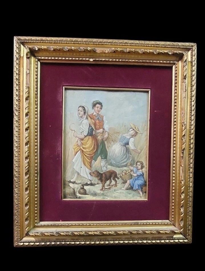 Antique Wood Painting 19th Century Oil Panel Signed Popular Scene