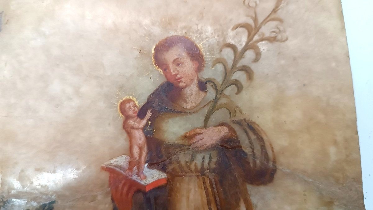 Ancient Painting On Alabaster 18th Century Italy, Saint Anthony Of Padua-photo-2