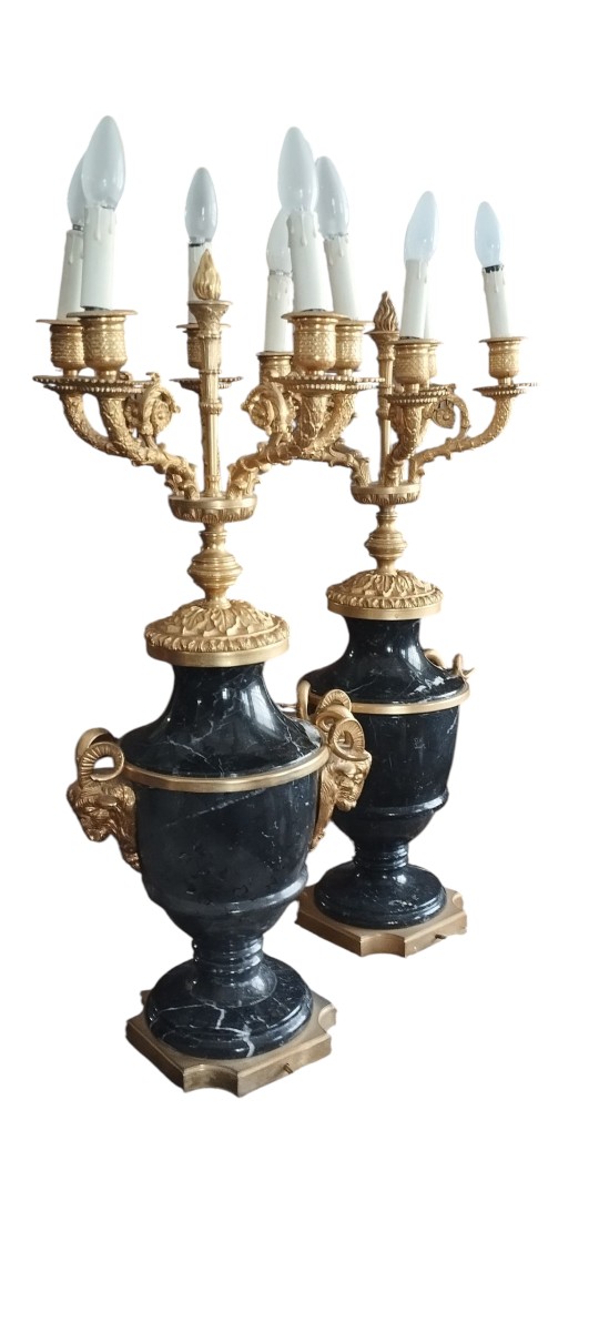 Beautiful Pair Of Large Napoleon III Style Candelabras In Black Belgian Marble And Gilded Bronz-photo-2