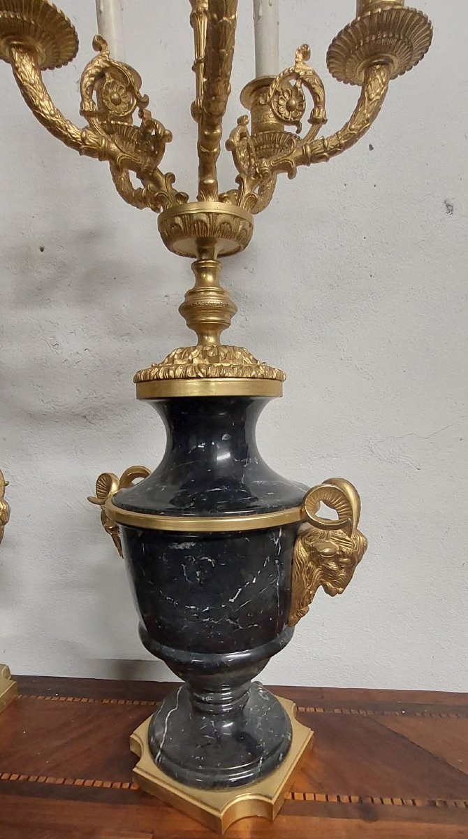 Beautiful Pair Of Large Napoleon III Style Candelabras In Black Belgian Marble And Gilded Bronz-photo-5