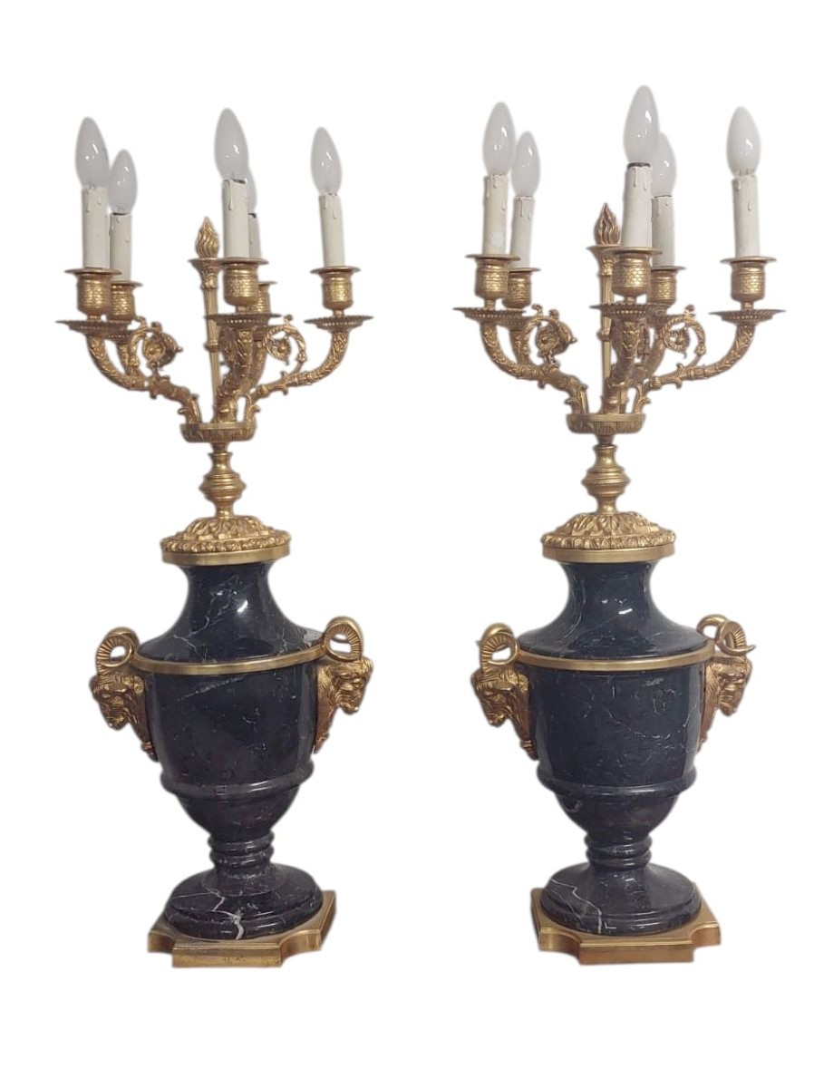 Beautiful Pair Of Large Napoleon III Style Candelabras In Black Belgian Marble And Gilded Bronz-photo-6