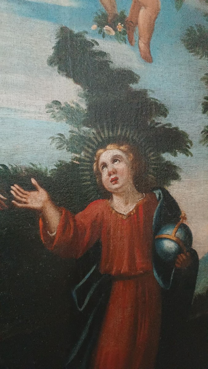 Peinture à l'huile sur toile ancienne Vierge à l'Enfant et aux anges, XVIIIe siècle-photo-3