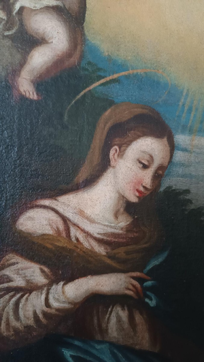 Peinture à l'huile sur toile ancienne Vierge à l'Enfant et aux anges, XVIIIe siècle-photo-4