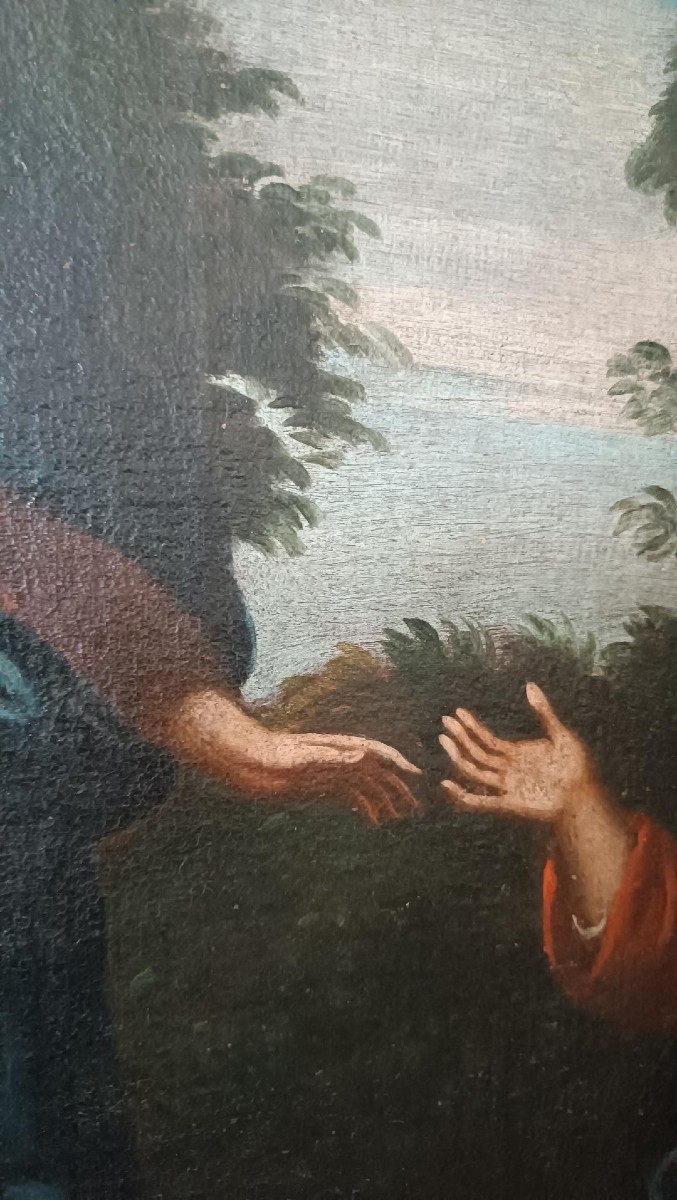 Peinture à l'huile sur toile ancienne Vierge à l'Enfant et aux anges, XVIIIe siècle-photo-5