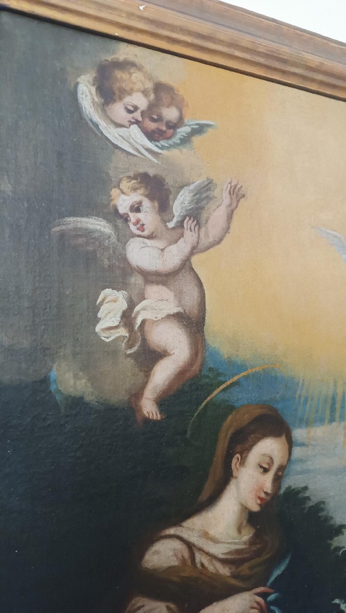 Peinture à l'huile sur toile ancienne Vierge à l'Enfant et aux anges, XVIIIe siècle-photo-6