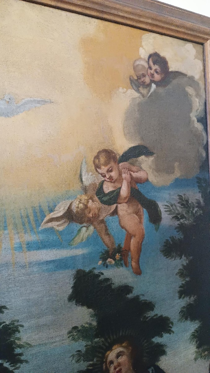Peinture à l'huile sur toile ancienne Vierge à l'Enfant et aux anges, XVIIIe siècle-photo-7