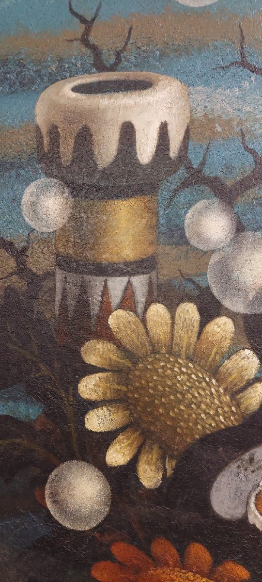 Large Surrealist Oil On Canvas By The Painter Gianfranco Rontani. Size 118 X 97 Cm --photo-1