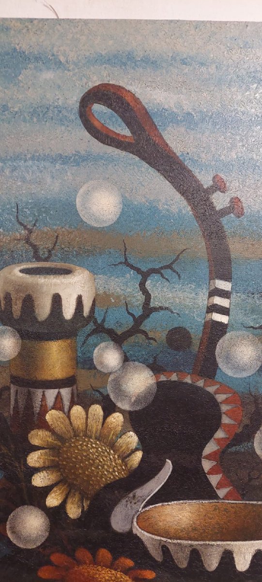 Large Surrealist Oil On Canvas By The Painter Gianfranco Rontani. Size 118 X 97 Cm --photo-2