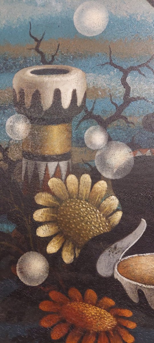 Large Surrealist Oil On Canvas By The Painter Gianfranco Rontani. Size 118 X 97 Cm --photo-6