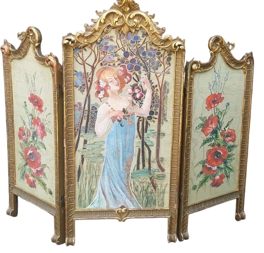 Liberty Screen, Gilded Wood, Original Antique Painted Art Nouveau-photo-2