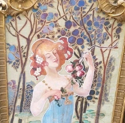 Liberty Screen, Gilded Wood, Original Antique Painted Art Nouveau-photo-1