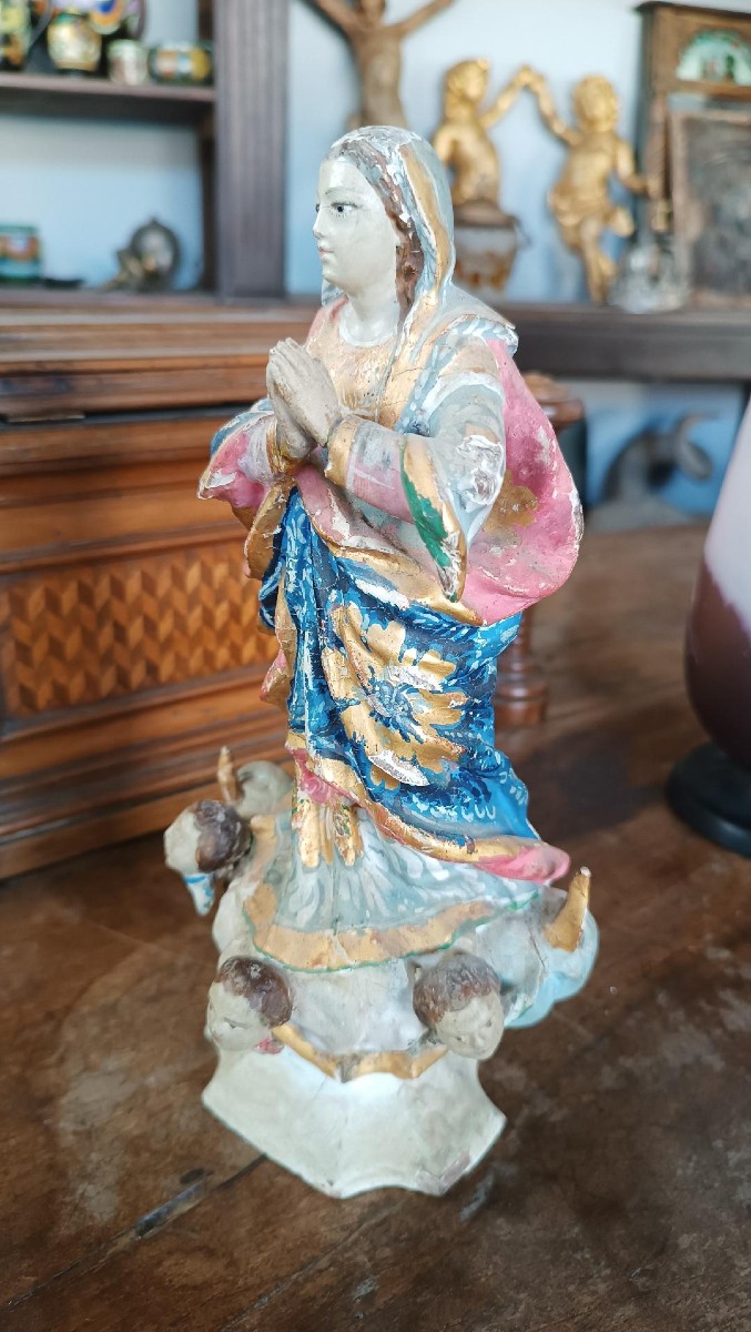 Antique Small Wooden Sculpture, Immaculate Madonna, South America, 19th Century-photo-5