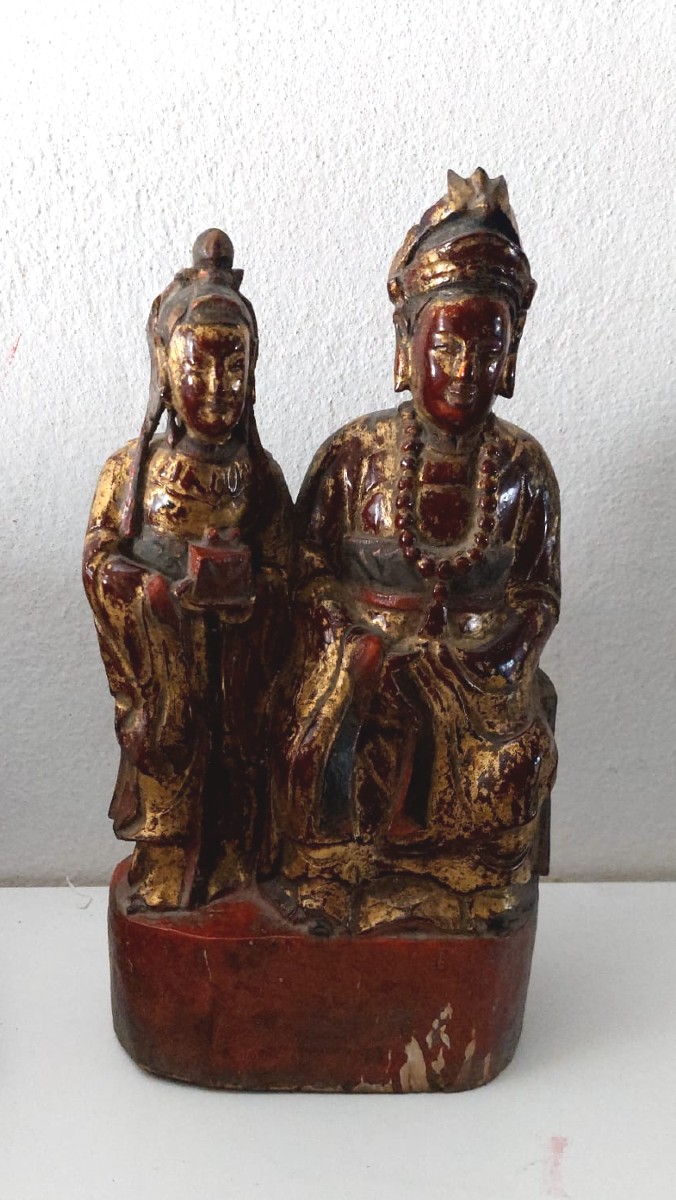 Guanyin And Arath, An Ancient Carved Wooden Sculpture, Qing Dynasty China. 