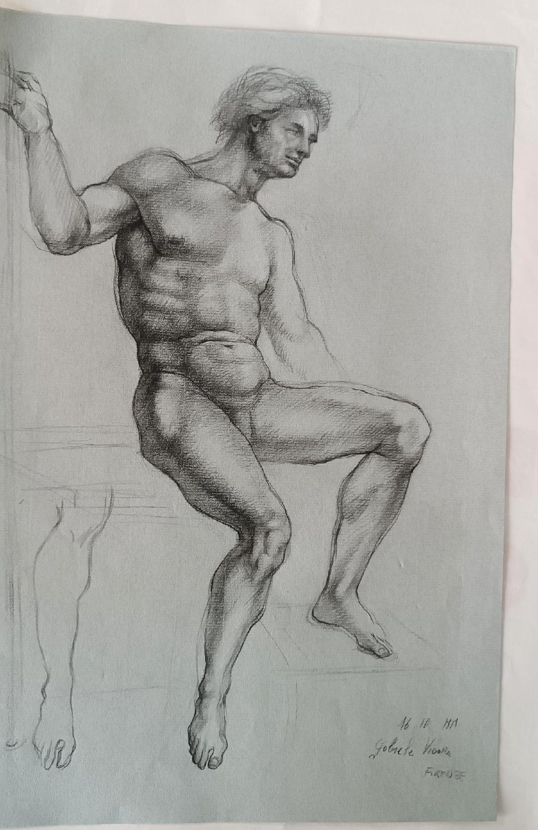 Pencil Drawing On Paper, Male Nude Sketch - Gabriele Vicari-photo-2