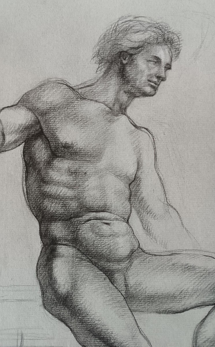 Pencil Drawing On Paper, Male Nude Sketch - Gabriele Vicari-photo-3