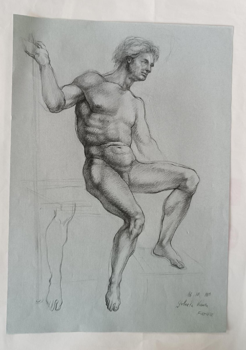 Pencil Drawing On Paper, Male Nude Sketch - Gabriele Vicari