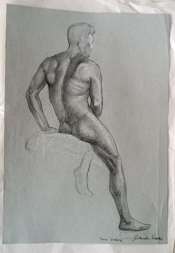 Dessin au crayon sur papier, esquisse de nu masculin - Gabriele Vicari