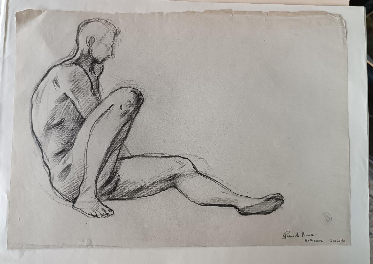 Dessin au crayon sur papier, esquisse de nu masculin - Gabriele Vicari-double dessin