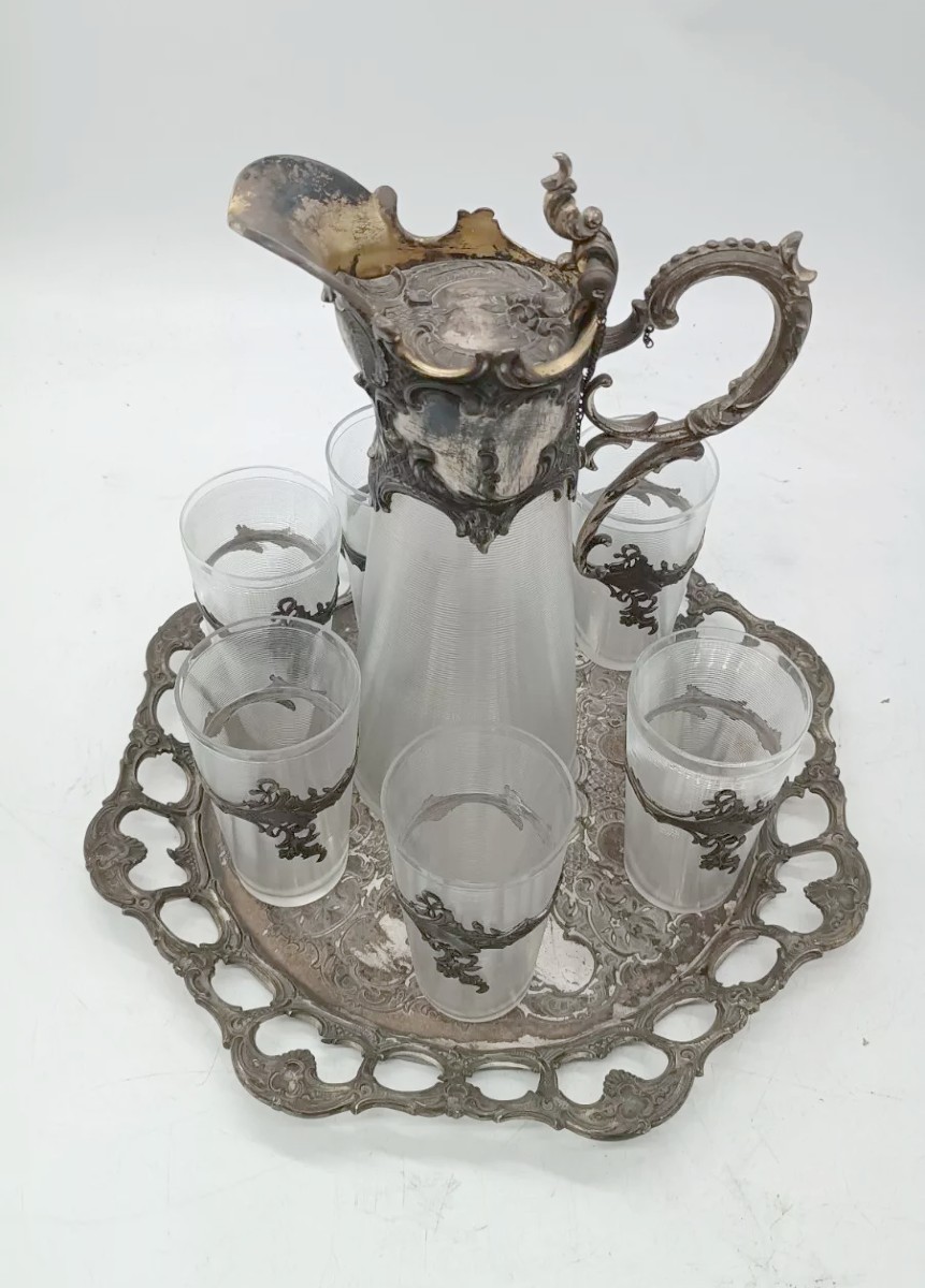 Plateau avec carafe et 6 verres, verre et métal argenté, époque Art Nouveau-photo-2