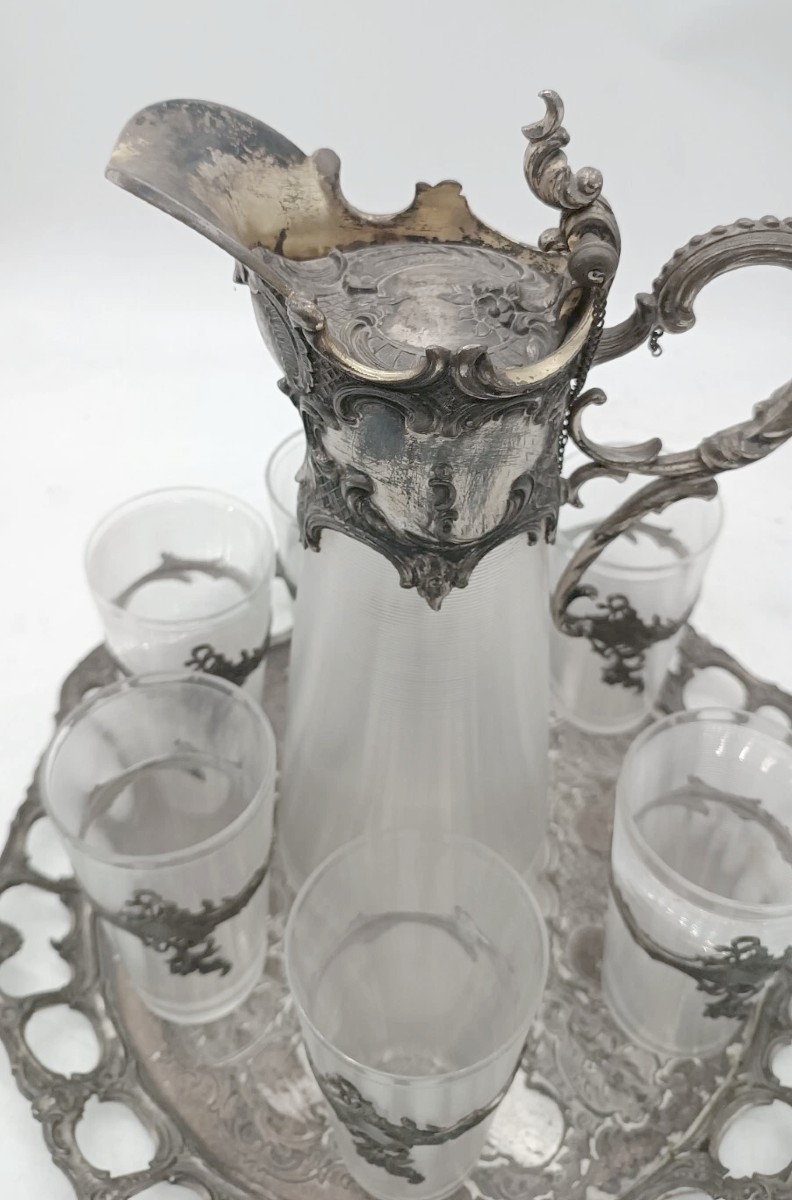 Plateau avec carafe et 6 verres, verre et métal argenté, époque Art Nouveau-photo-3
