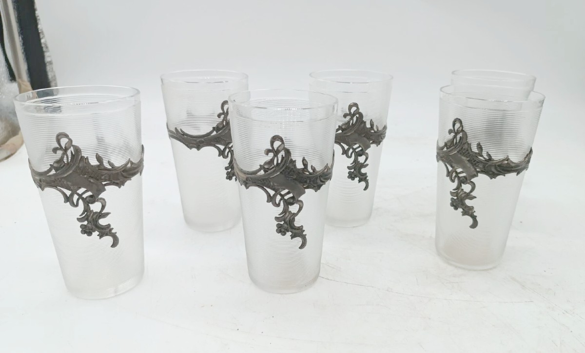 Plateau avec carafe et 6 verres, verre et métal argenté, époque Art Nouveau-photo-4