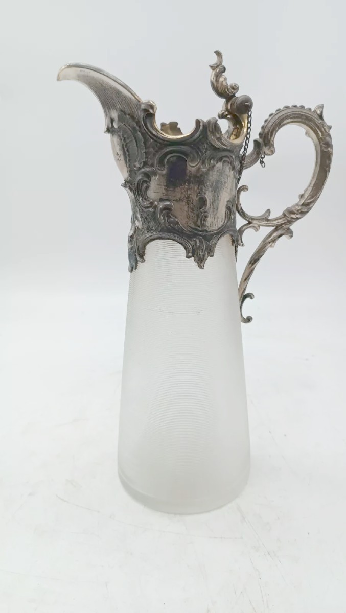 Plateau avec carafe et 6 verres, verre et métal argenté, époque Art Nouveau-photo-1