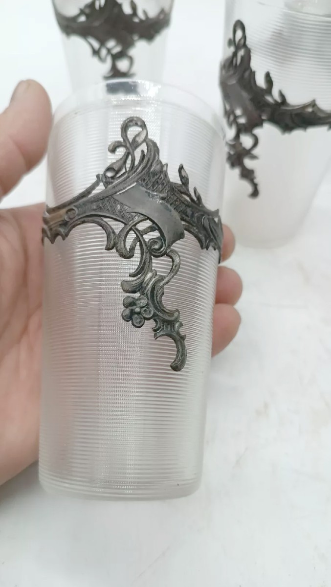 Plateau avec carafe et 6 verres, verre et métal argenté, époque Art Nouveau-photo-3