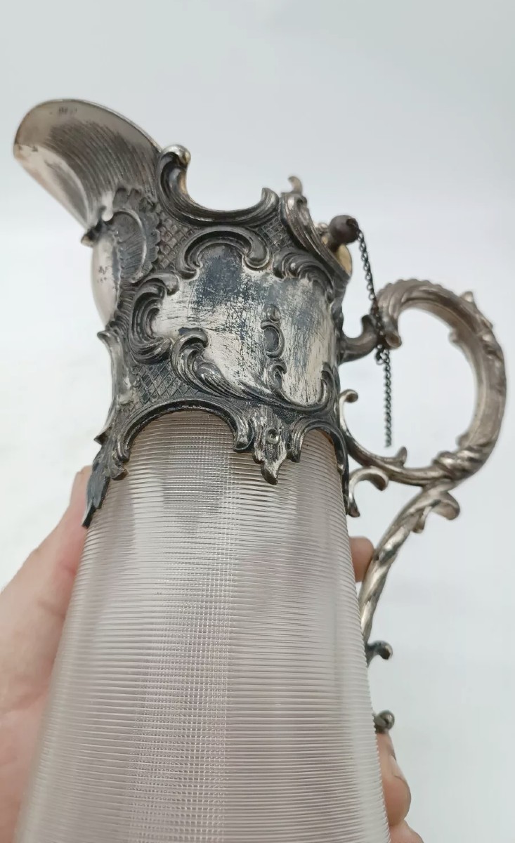 Plateau avec carafe et 6 verres, verre et métal argenté, époque Art Nouveau-photo-4