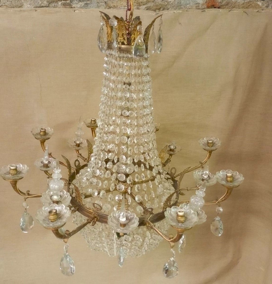 Large Bronze And Crystal Basket Chandelier-photo-5