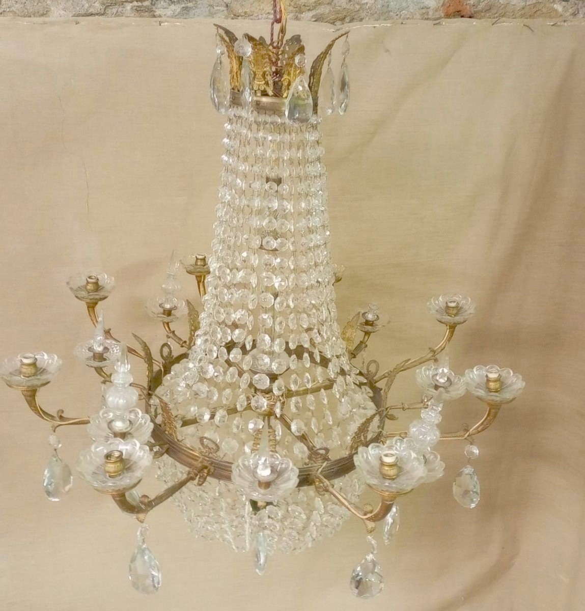 Large Bronze And Crystal Basket Chandelier