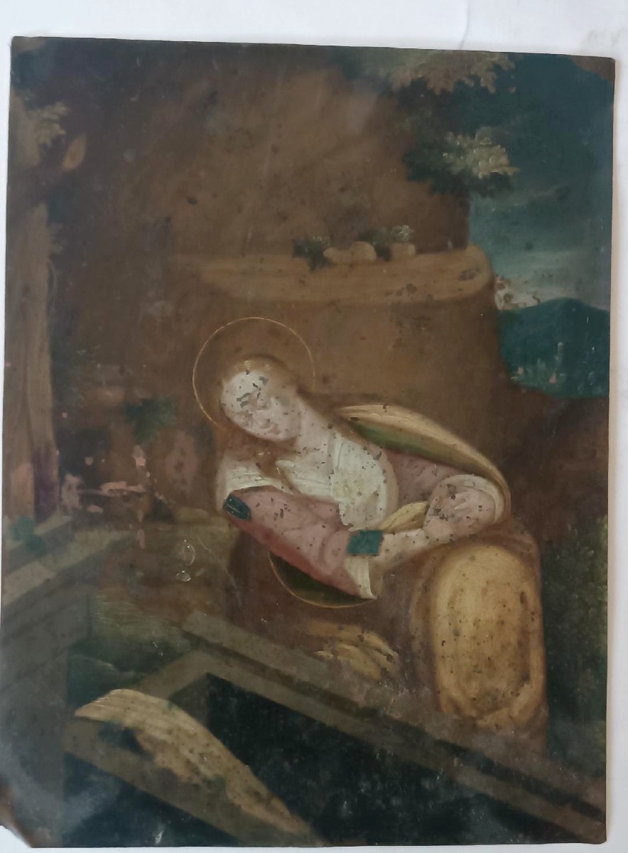 Peinture ancienne sur cuivre, école flamande, XVIIe siècle, représentant un saint-photo-8