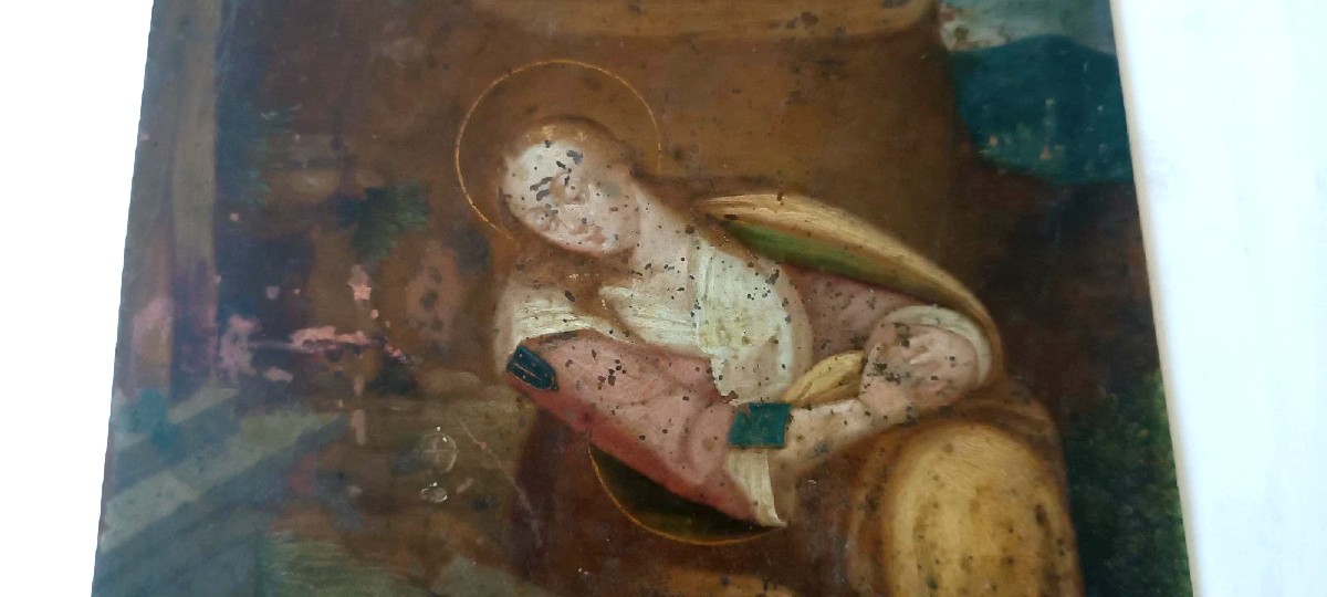 Peinture ancienne sur cuivre, école flamande, XVIIe siècle, représentant un saint-photo-2