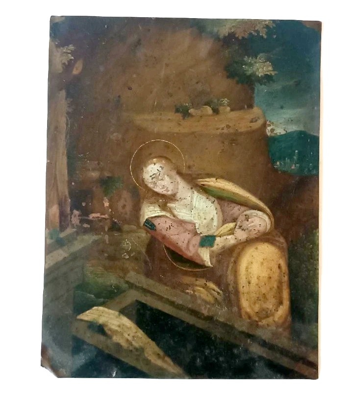 Peinture ancienne sur cuivre, école flamande, XVIIe siècle, représentant un saint