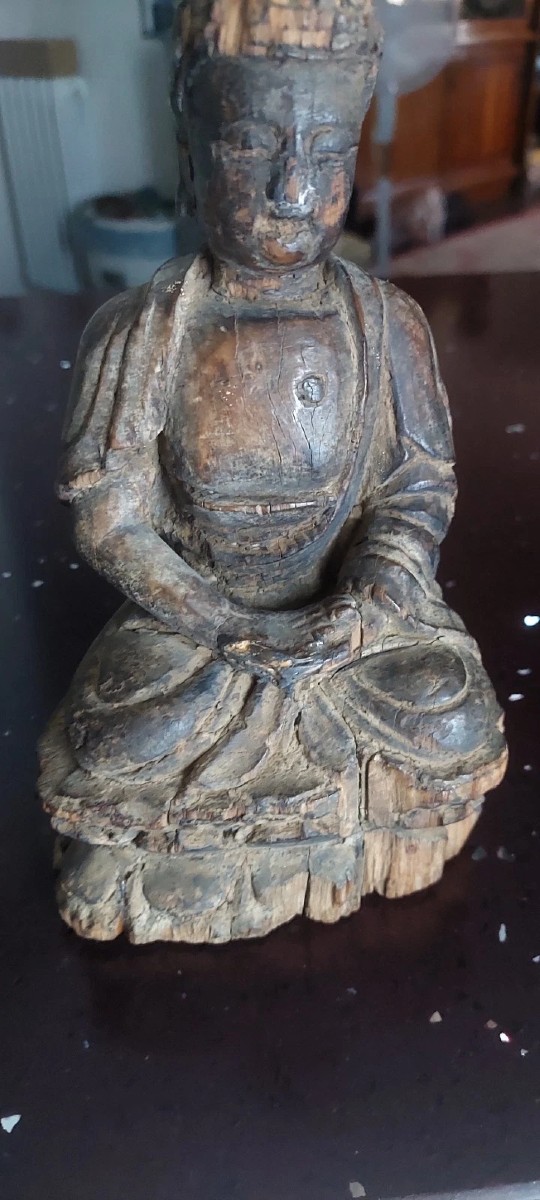 Antique Wooden Sculpture Of A Buddha, 18th Century, China, Qing Period-photo-3
