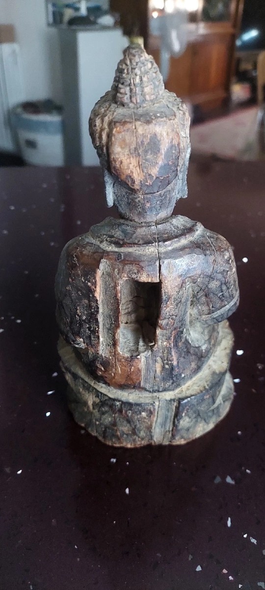 Antique Wooden Sculpture Of A Buddha, 18th Century, China, Qing Period-photo-2