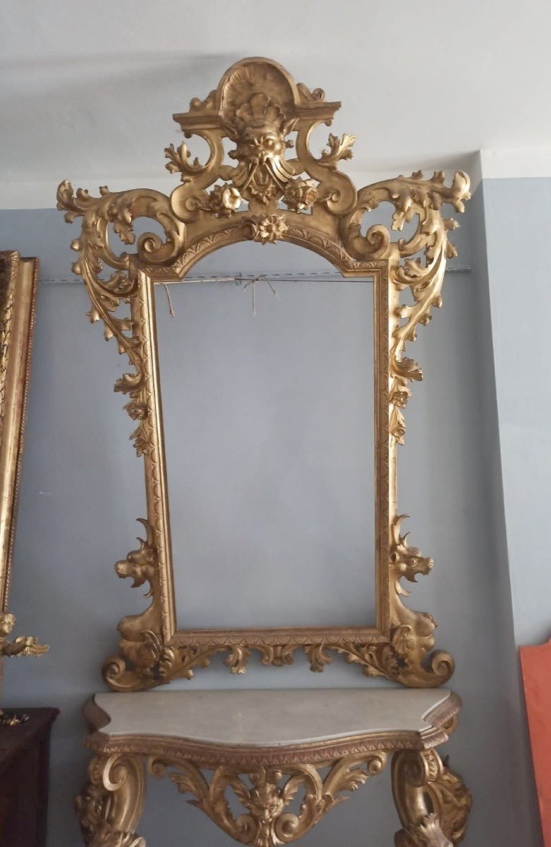 Imposante Console Avec Miroir - Bois Doré - Première Moitié Du XIXe Siècle - Toscane-photo-2