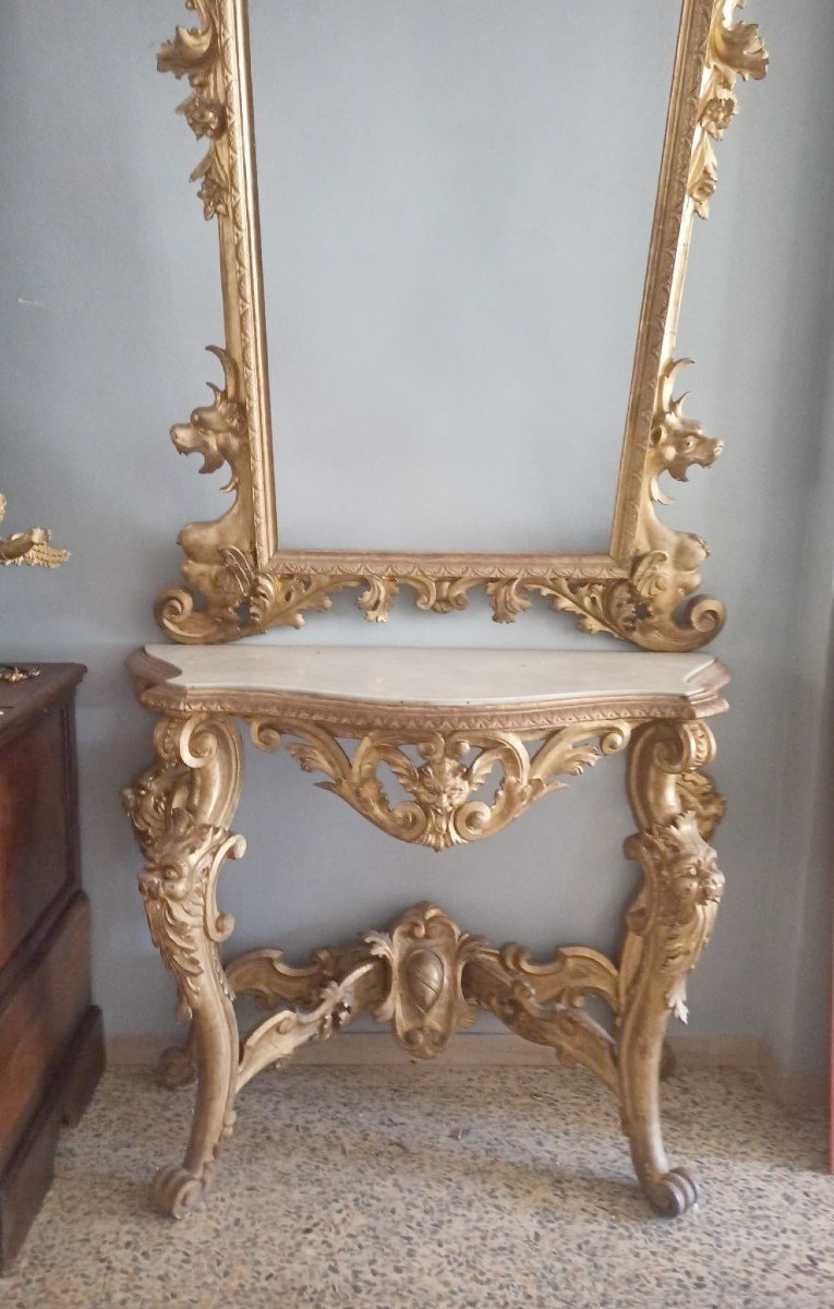 Imposante Console Avec Miroir - Bois Doré - Première Moitié Du XIXe Siècle - Toscane-photo-4