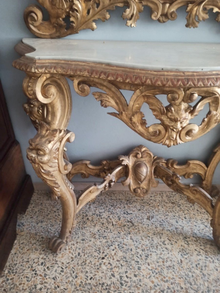 Imposante Console Avec Miroir - Bois Doré - Première Moitié Du XIXe Siècle - Toscane-photo-6