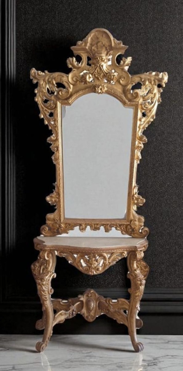 Imposante Console Avec Miroir - Bois Doré - Première Moitié Du XIXe Siècle - Toscane