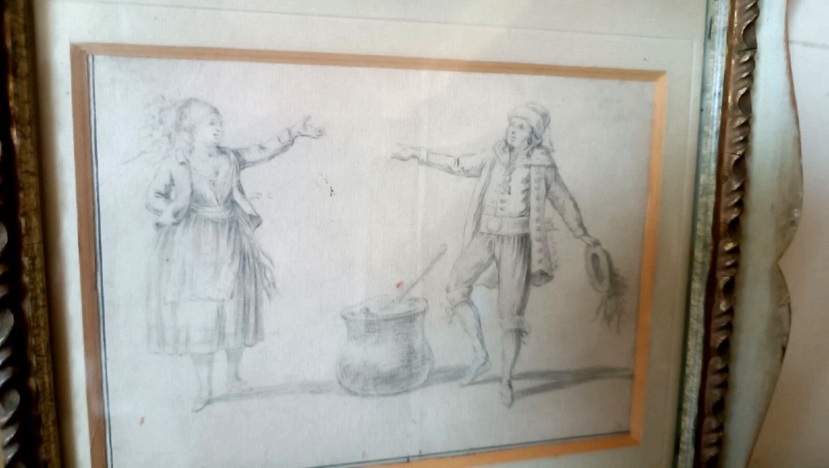 Ancient Drawing Depicting Scenes From Popular Italian Costumes, 19th Century-photo-1