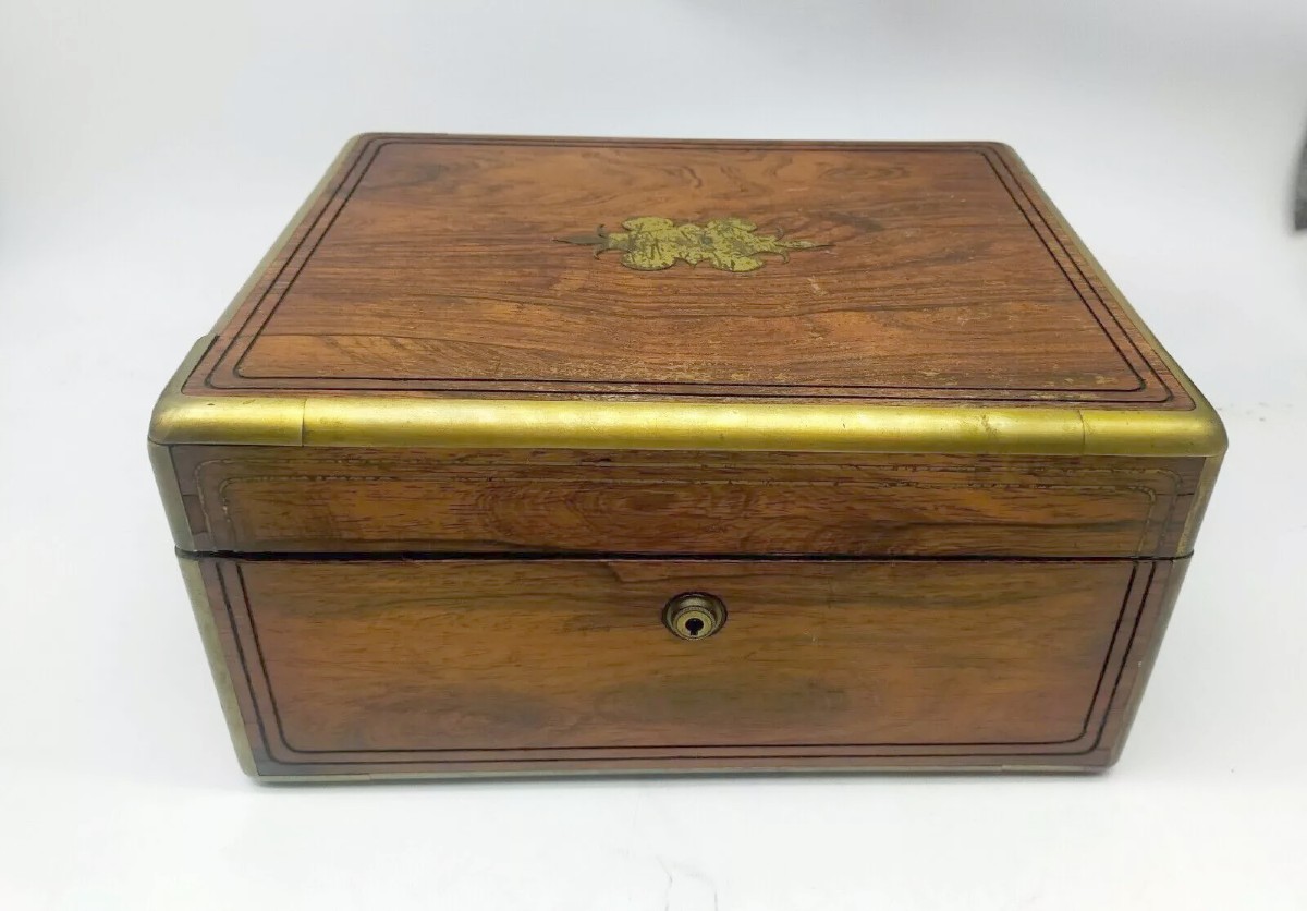 Antique Makeup Chest Writing Desk Sewing Chest Wooden Box 19th Century-photo-2