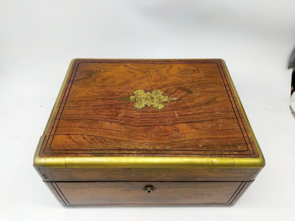 Antique Makeup Chest Writing Desk Sewing Chest Wooden Box 19th Century-photo-3
