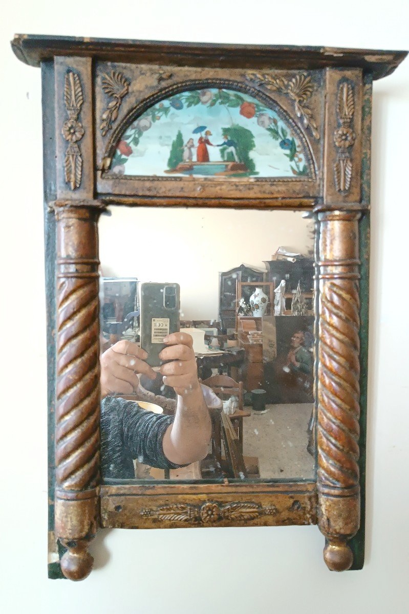 Small Antique Empire Mirror In Gilded Wood Painted On Glass